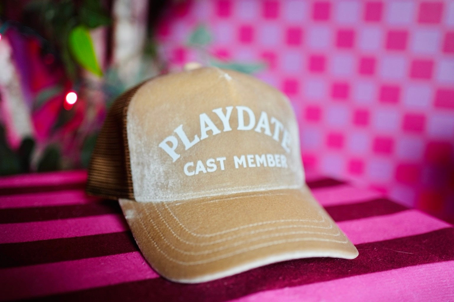 The Classic Velvet Trucker Hat (Khaki & White PLAYDATE Cast Member)