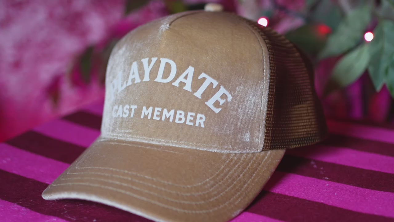 The Classic Velvet Trucker Hat (Khaki & White PLAYDATE Cast Member)